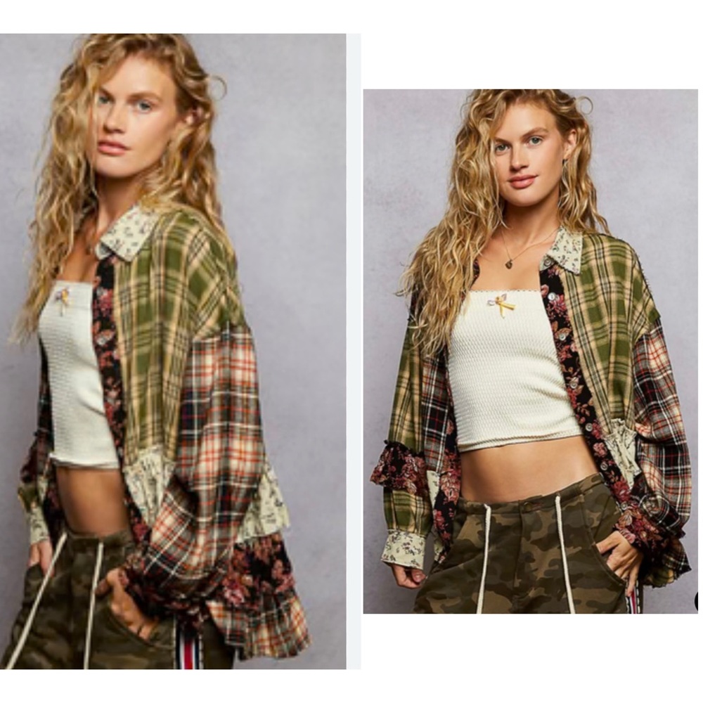 POL Multicolor Plaid Patchwork Button Down Ruffle… - image 9